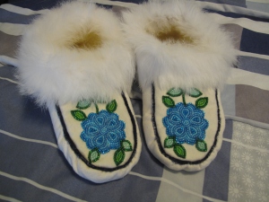 Moccasins made by Cookie Simpson of Fort Chipewyan. I bought them at the Bicentennial Museum gift shop. They smell like sweet grass.